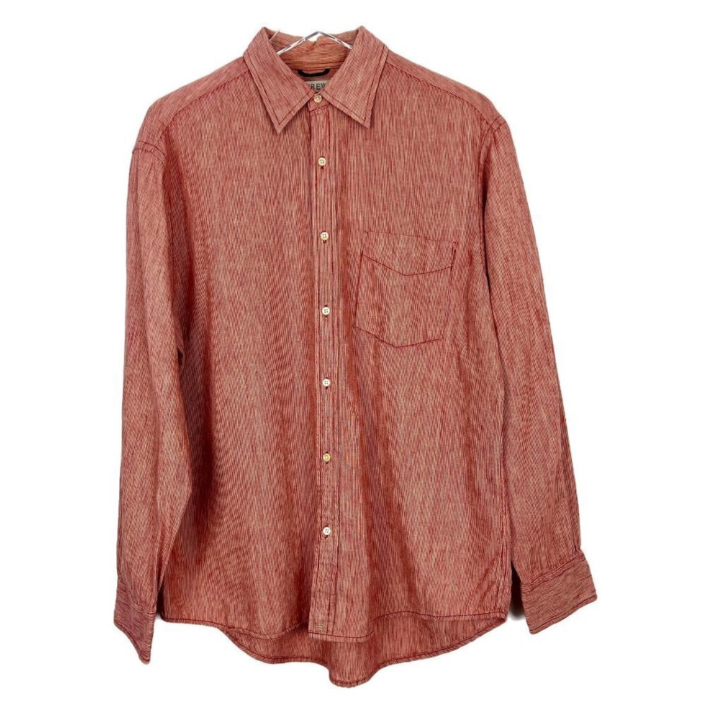 J. Crew Shirt Men's Size M Red Cream Striped Linen Blend Long Sleeve Button Down